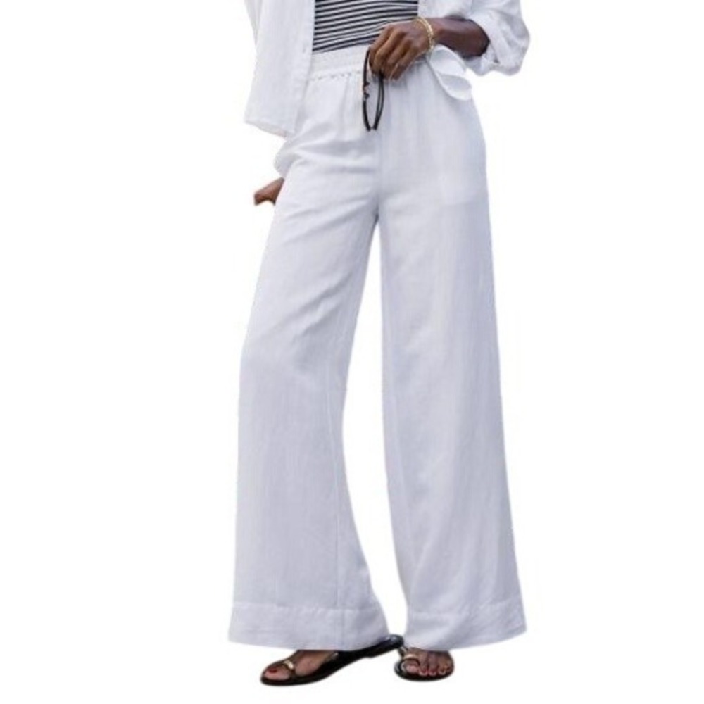 Evereve Womens S/M White Sophia Linen Blend Wide Leg High Rise‎ Pants Pockets